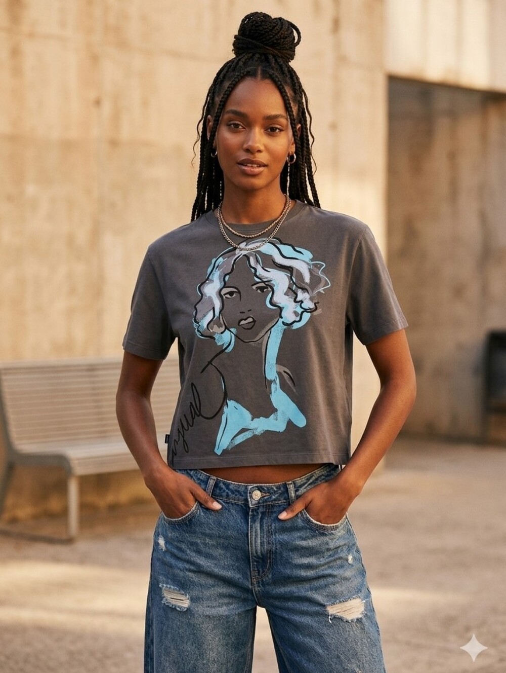 DESIGUAL GRAPHIC CROPPED T-SHIRT SIZE LARGE BLUE ART FACE PRINT 100% COTTON